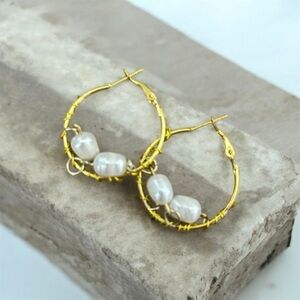 Handcrafted Elegant Wire Wrapped Gold Hoop Earrings with Fresh Water Pearls